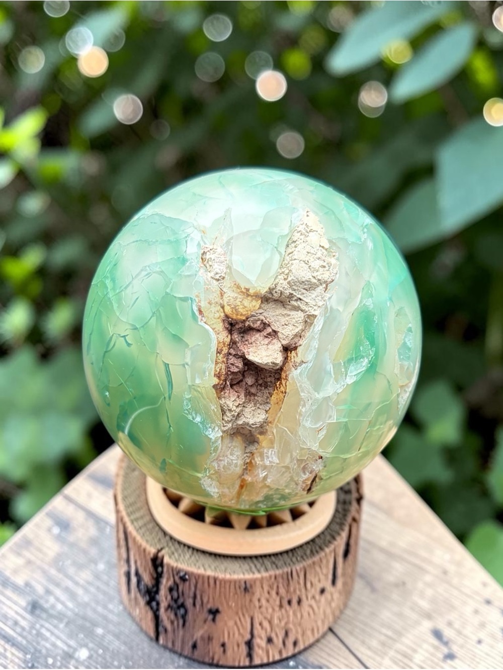 Green Flower Agate Geode Decorative Sphere with Natural Core